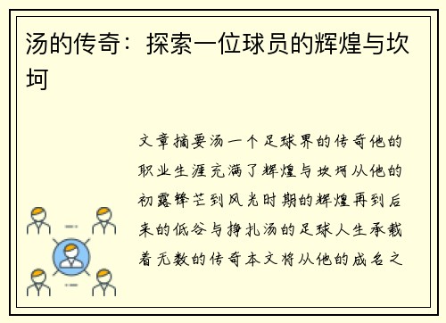 汤的传奇：探索一位球员的辉煌与坎坷
